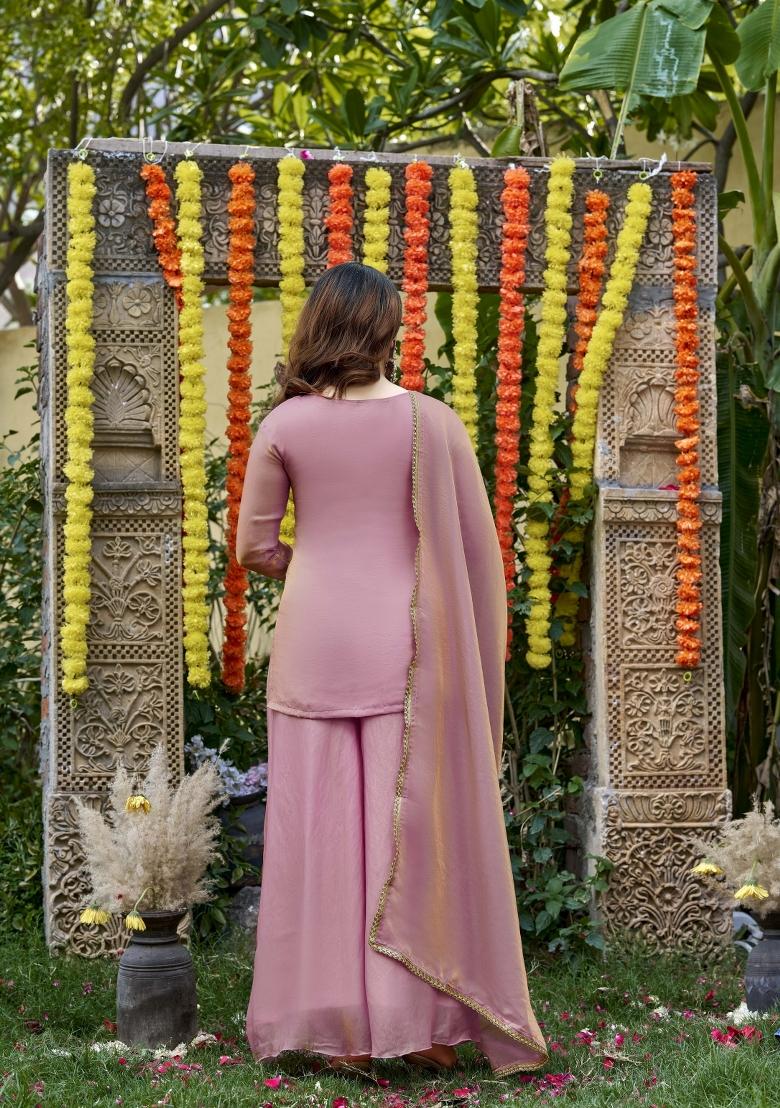 Pink Embroidery Silk Kurta Set - Indya
