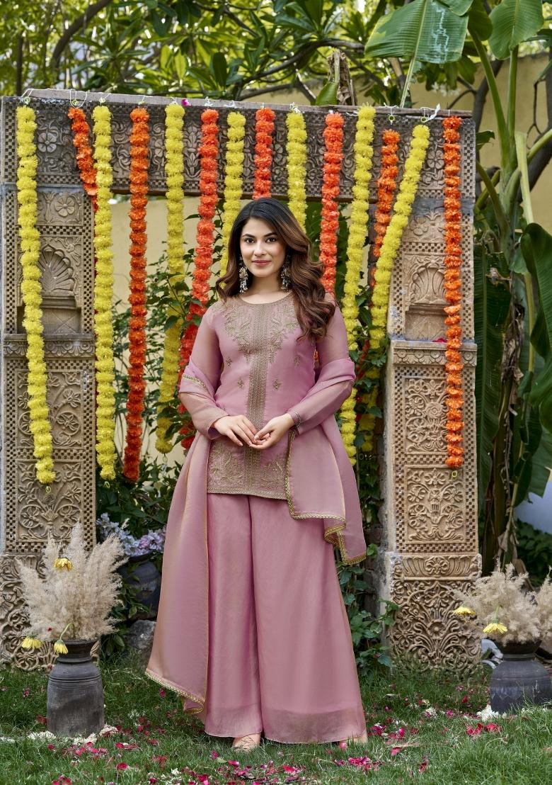 Pink Embroidery Silk Kurta Set - Indya
