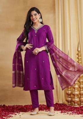 Purple Embroidery Viscose Kurta Set