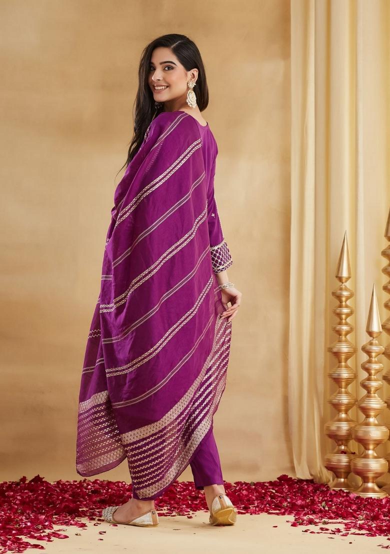 Purple Embroidery Viscose Kurta Set - Indya
