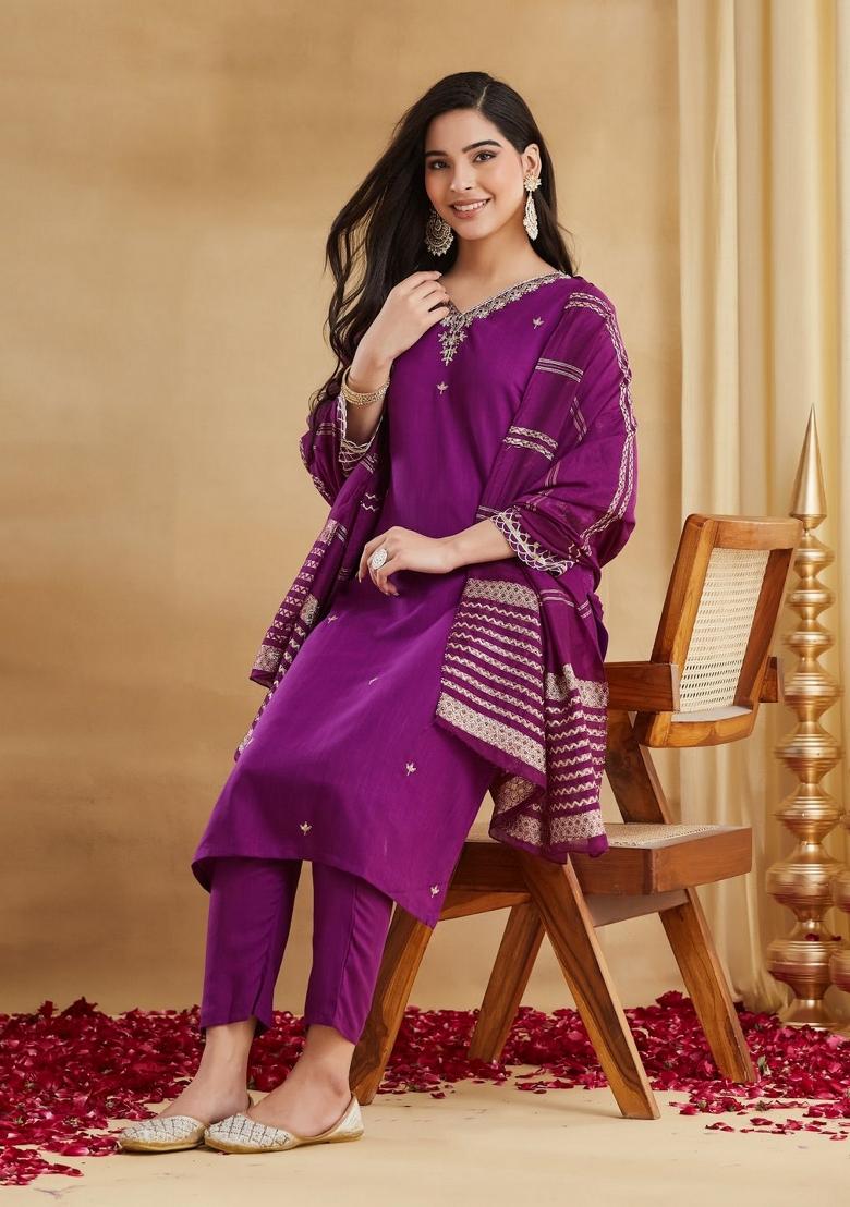 Purple Embroidery Viscose Kurta Set - Indya