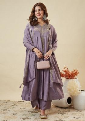Grey Embroidery Silk Kurta Set
