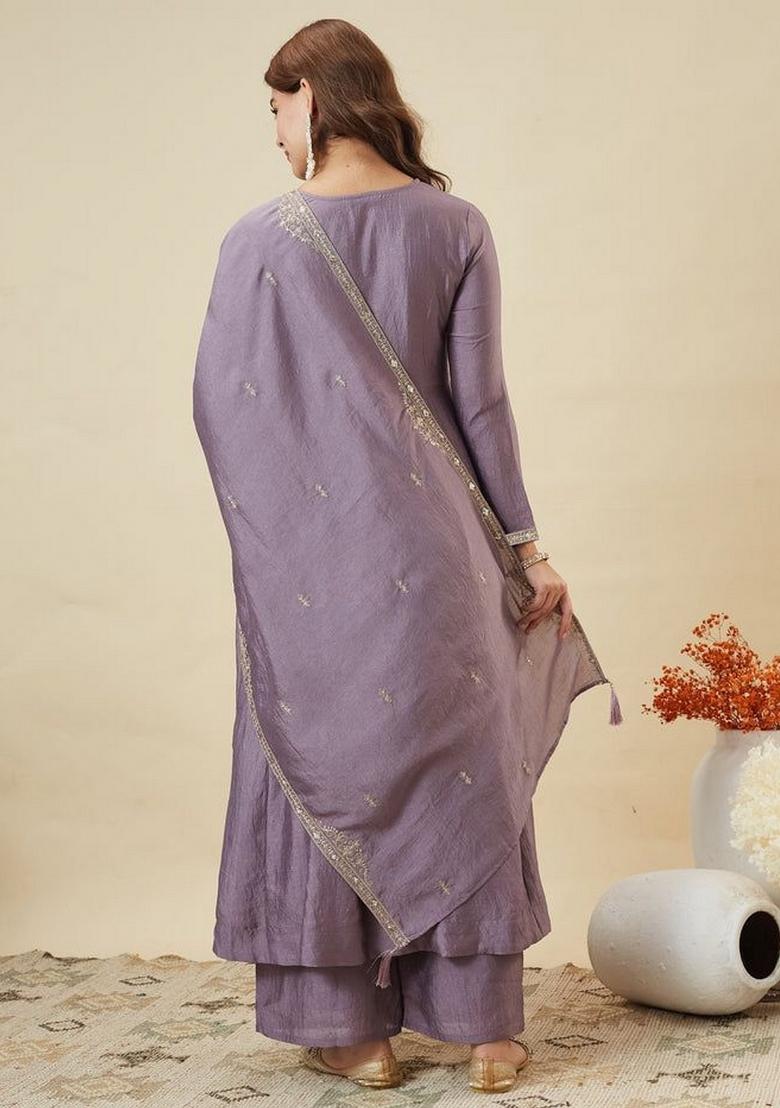 Grey Embroidery Silk Kurta Set - Indya