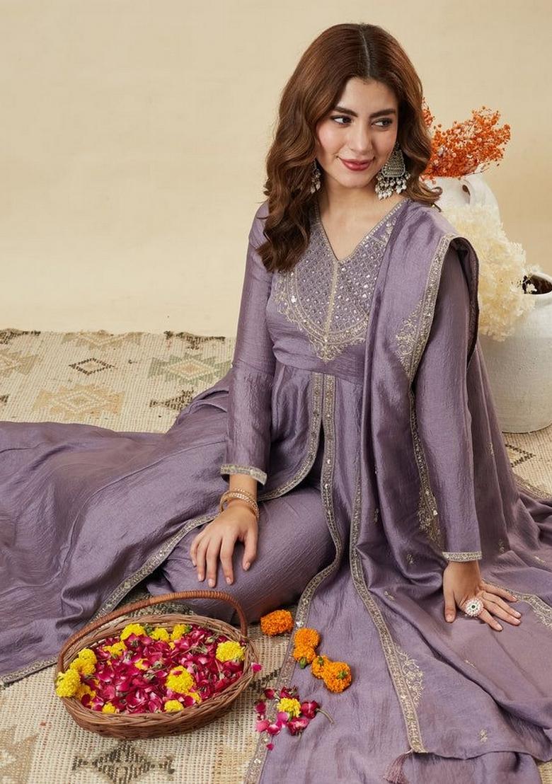 Grey Embroidery Silk Kurta Set - Indya
