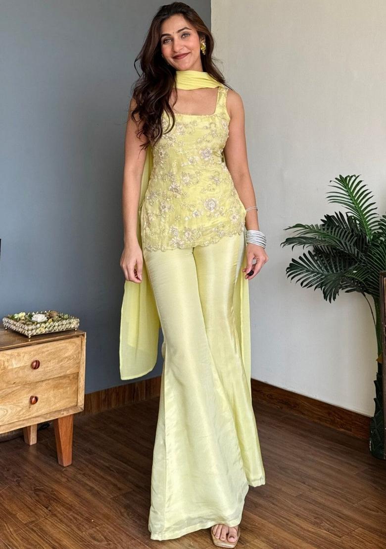 Yellow Embroidery Georgette Kurta Set - Indya