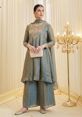 Grey Embroidery Silk Kurta Set