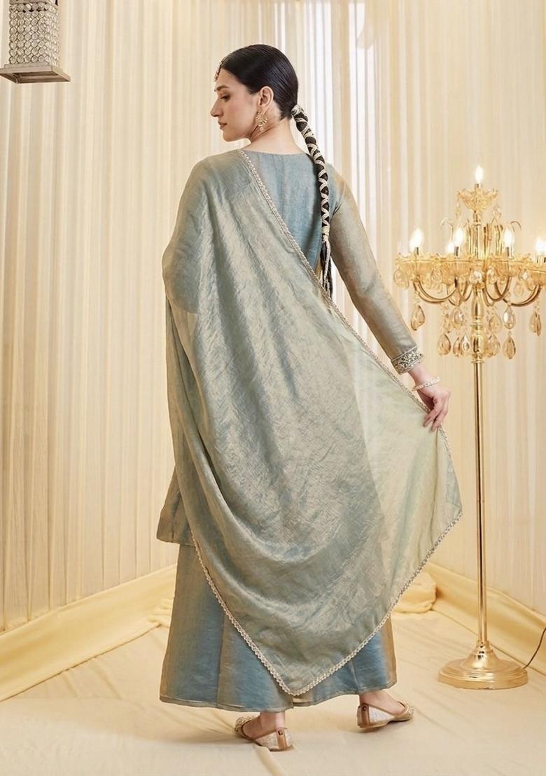 Grey Embroidery Silk Kurta Set - Indya