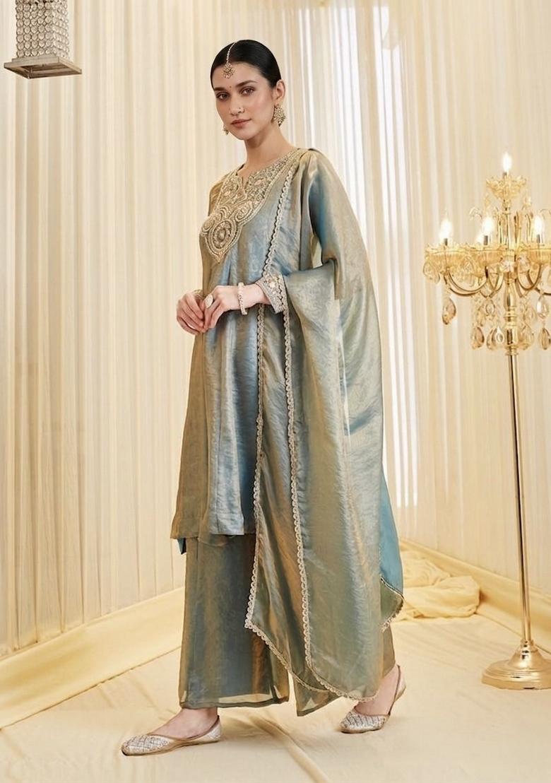Grey Embroidery Silk Kurta Set - Indya