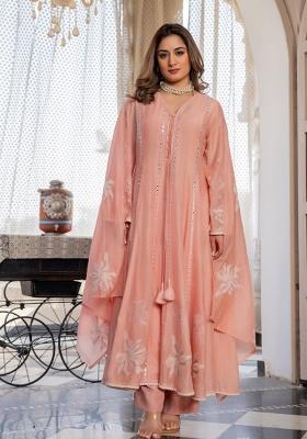Pink Embroidery Chanderi Kurta Set