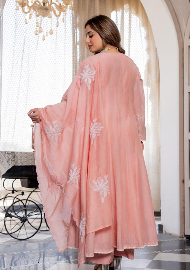 Pink Embroidery Chanderi Kurta Set - Indya