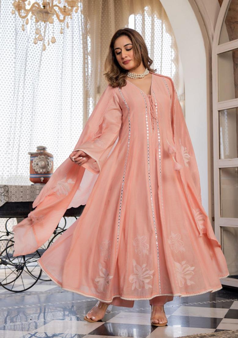 Pink Embroidery Chanderi Kurta Set - Indya