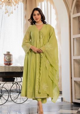 Green Embroidery Chanderi Kurta Set