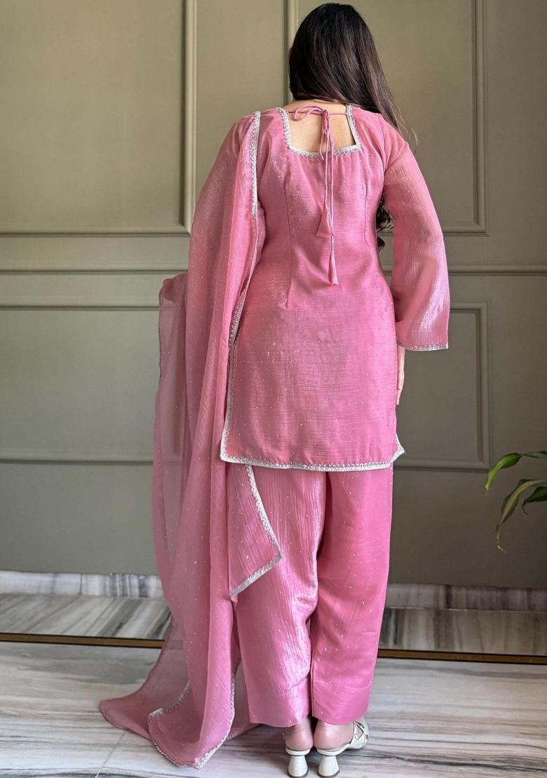Pink Embroidery Silk Kurta Set - Indya