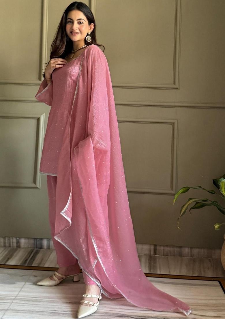 Pink Embroidery Silk Kurta Set - Indya