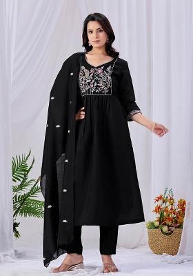Black Embroidered Cotton Kurta Set