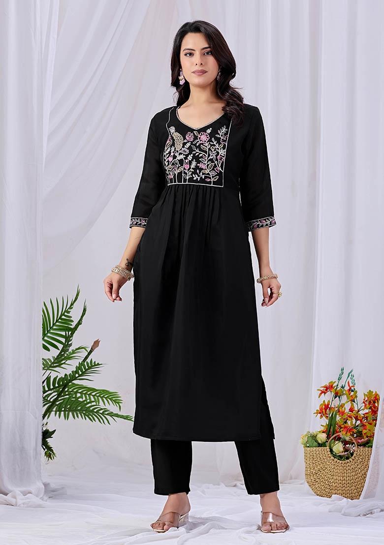 Black Embroidered Cotton Kurta Set - Indya