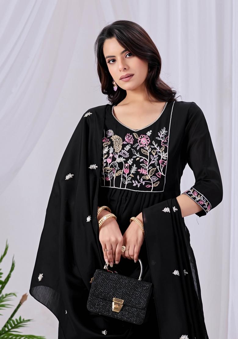 Black Embroidered Cotton Kurta Set - Indya