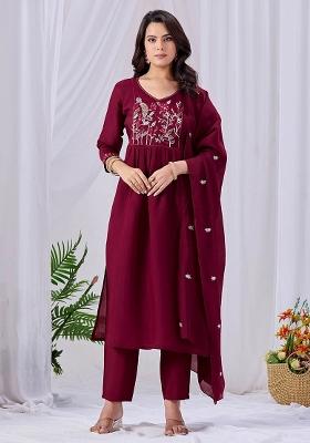 Magenta Embroidered Cotton Kurta Set