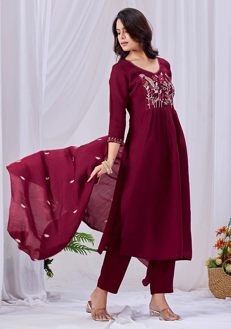 Magenta Embroidered Cotton Kurta Set - Indya