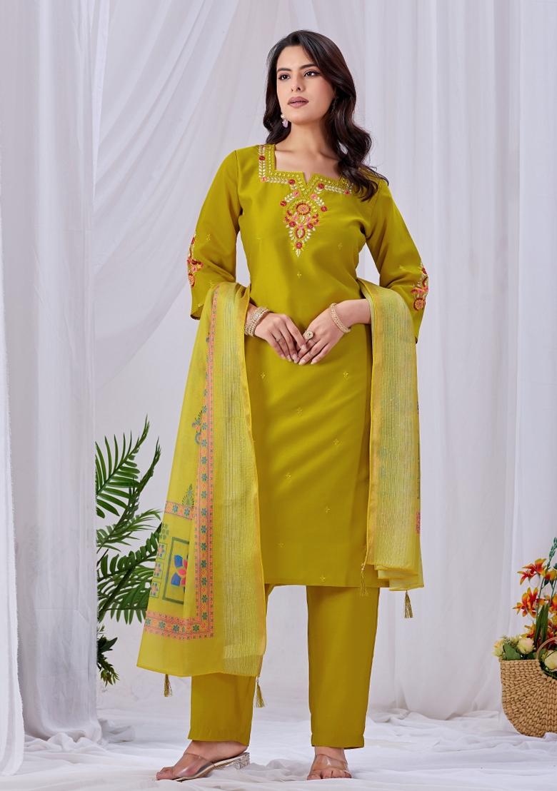 Light Green Embroidered Cotton Kurta Set - Indya