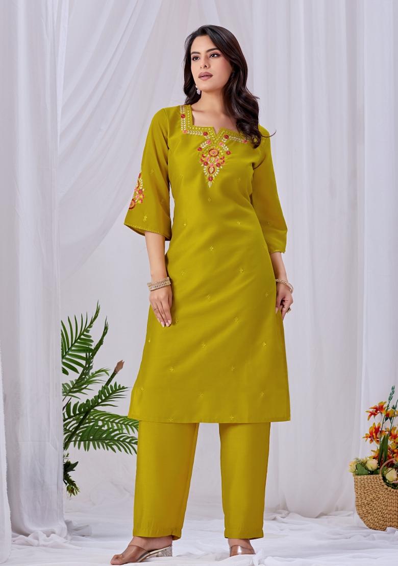 Light Green Embroidered Cotton Kurta Set - Indya