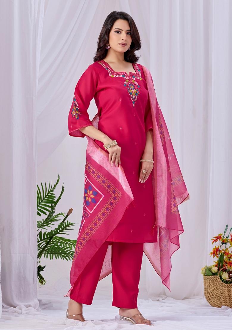 Pink Embroidered Cotton Kurta Set - Indya