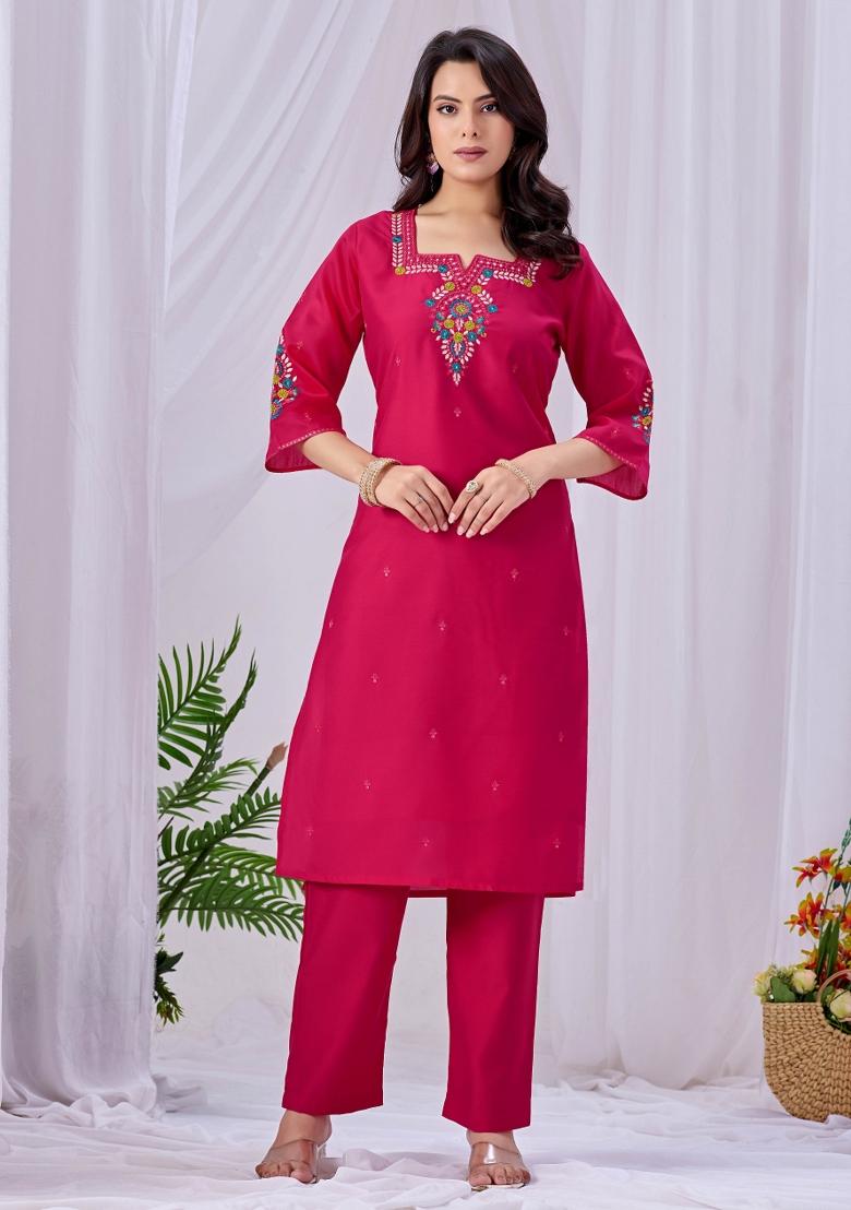 Pink Embroidered Cotton Kurta Set - Indya