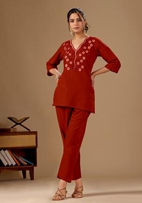 Rust Embroidered Cotton Kurta Set