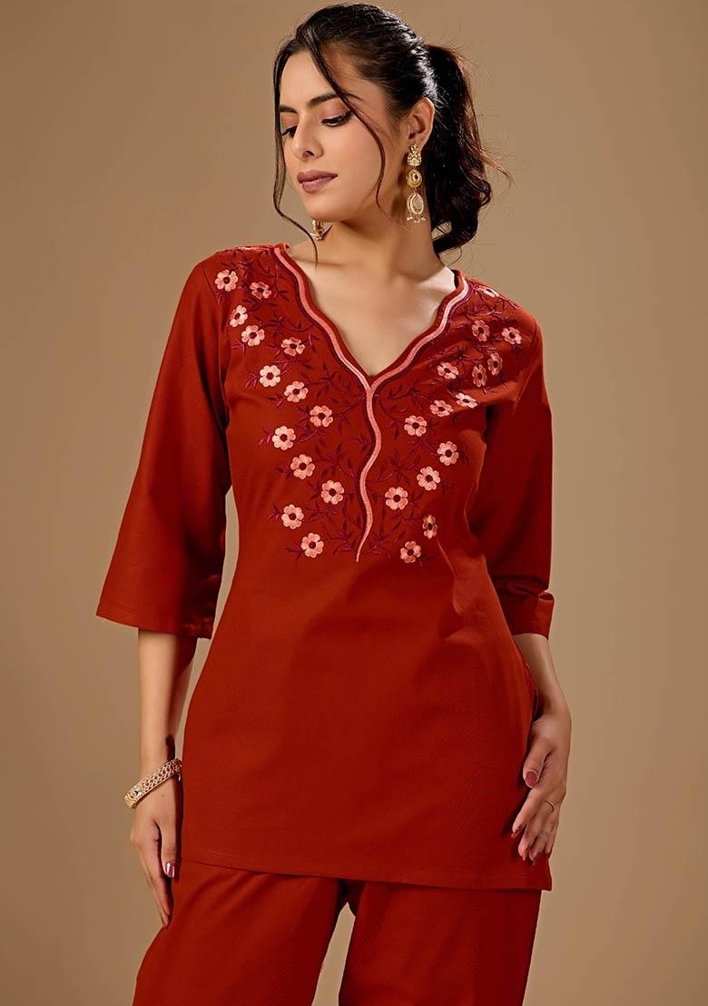 Rust Embroidered Cotton Kurta Set - Indya