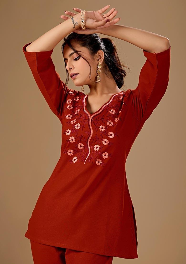 Rust Embroidered Cotton Kurta Set - Indya