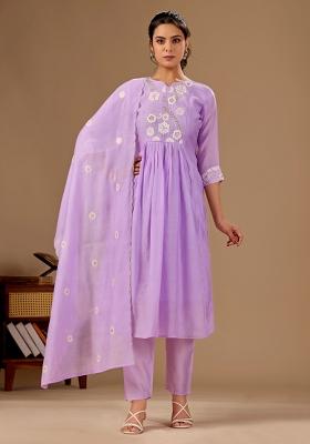 Lavender Embroidered Cotton Kurta Set