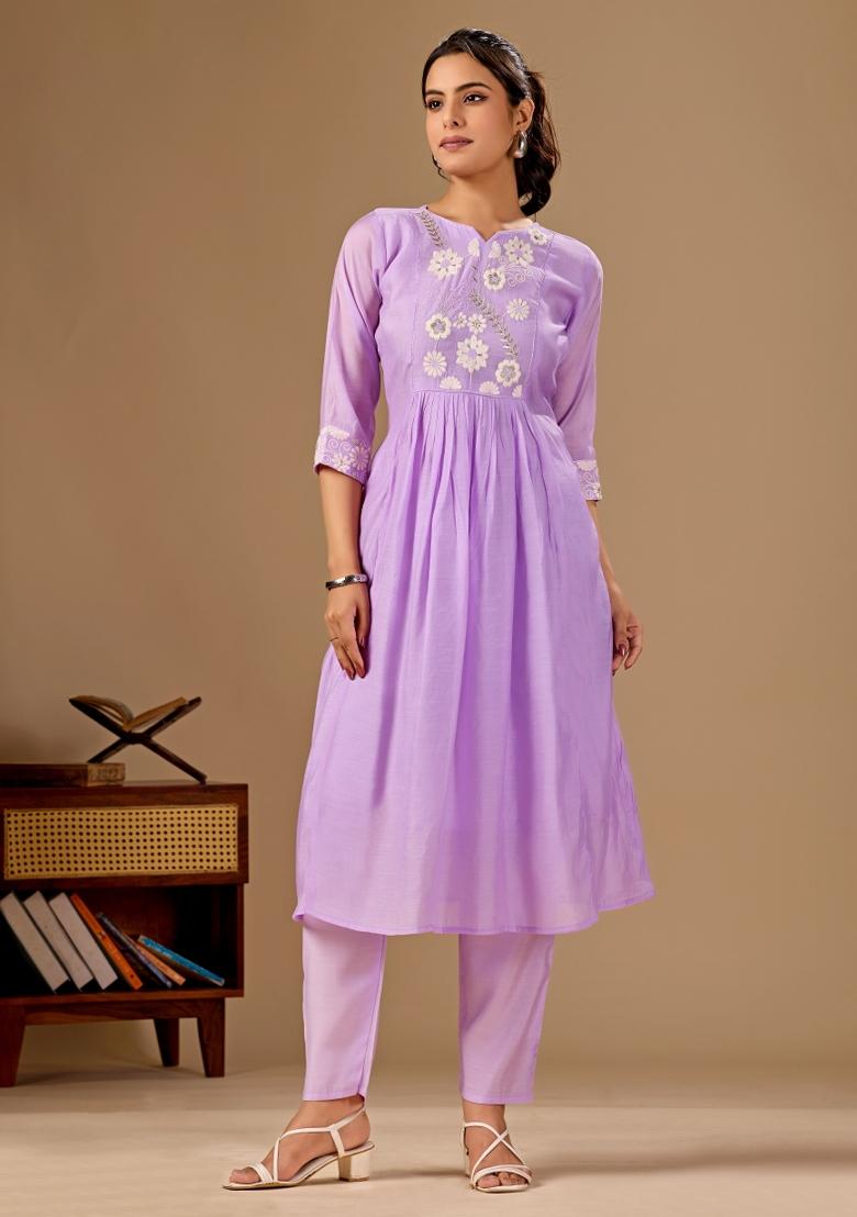 Lavender Embroidered Cotton Kurta Set - Indya