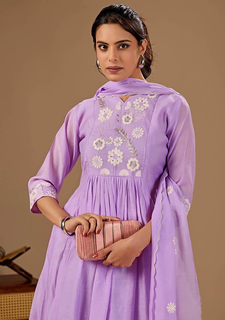 Lavender Embroidered Cotton Kurta Set - Indya