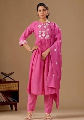 Pink Embroidered Cotton Kurta Set
