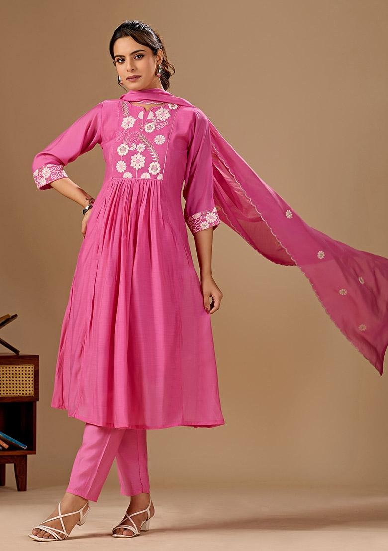 Pink Embroidered Cotton Kurta Set - Indya