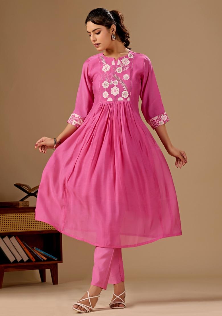 Pink Embroidered Cotton Kurta Set - Indya