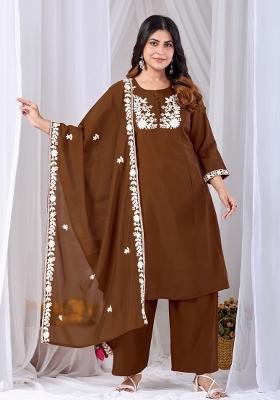 Brown Embroidered Cotton Kurta Set