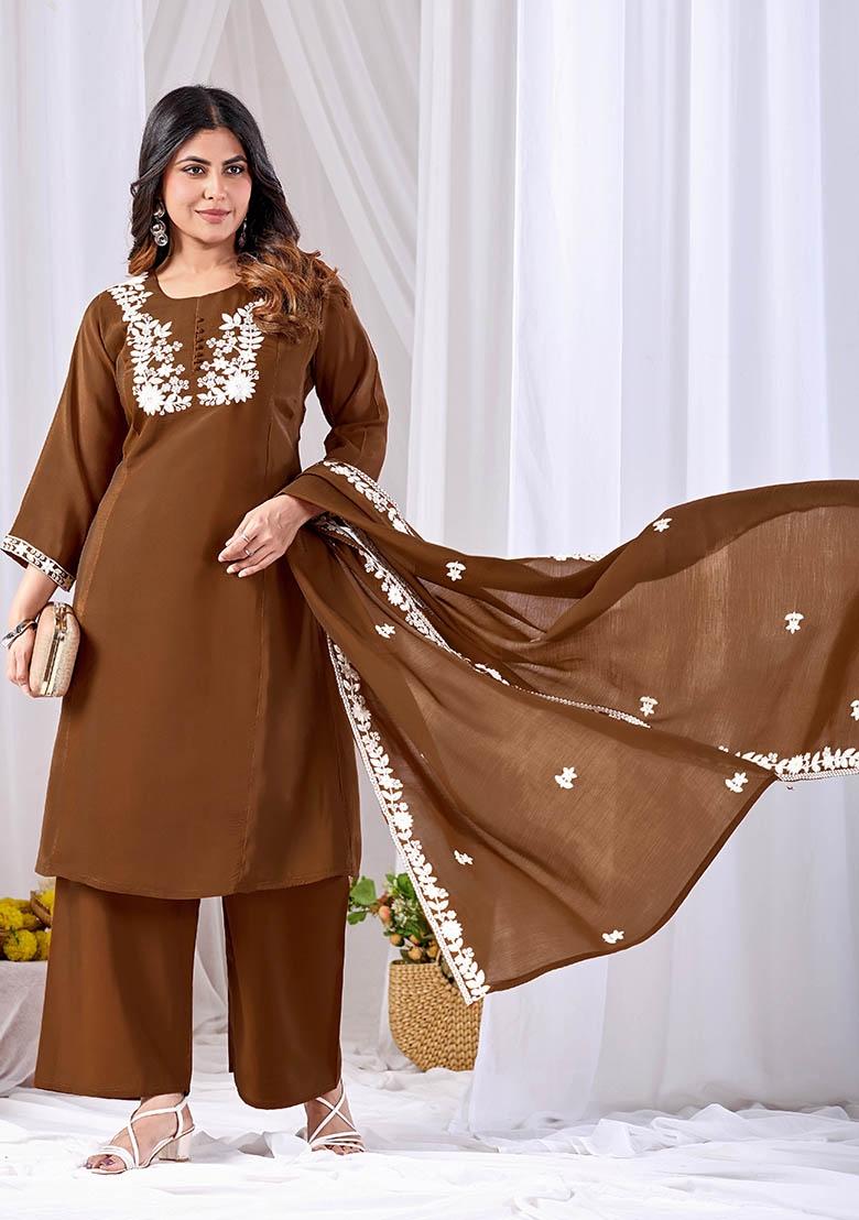 Brown Embroidered Cotton Kurta Set - Indya