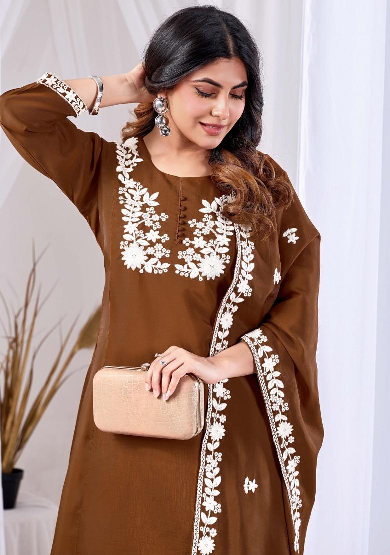Brown Embroidered Cotton Kurta Set - Indya