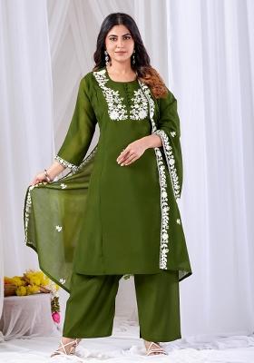 Green Embroidered Cotton Kurta Set