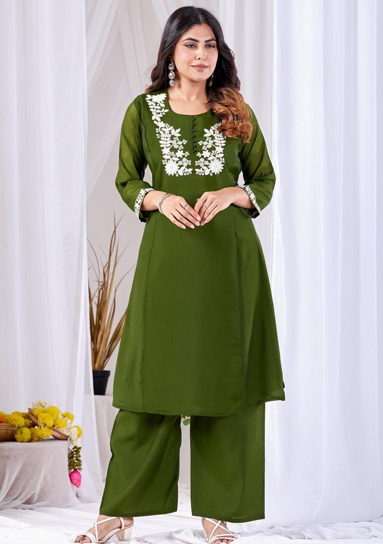 Green Embroidered Cotton Kurta Set - Indya
