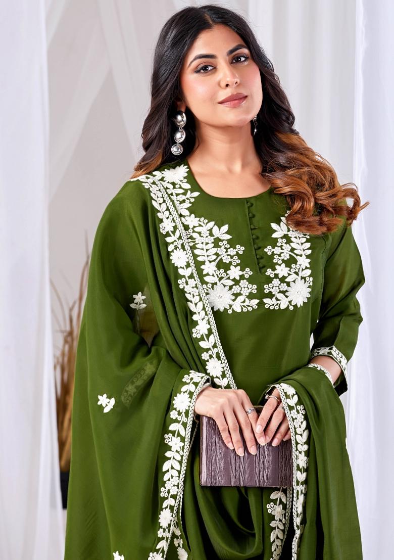 Green Embroidered Cotton Kurta Set - Indya