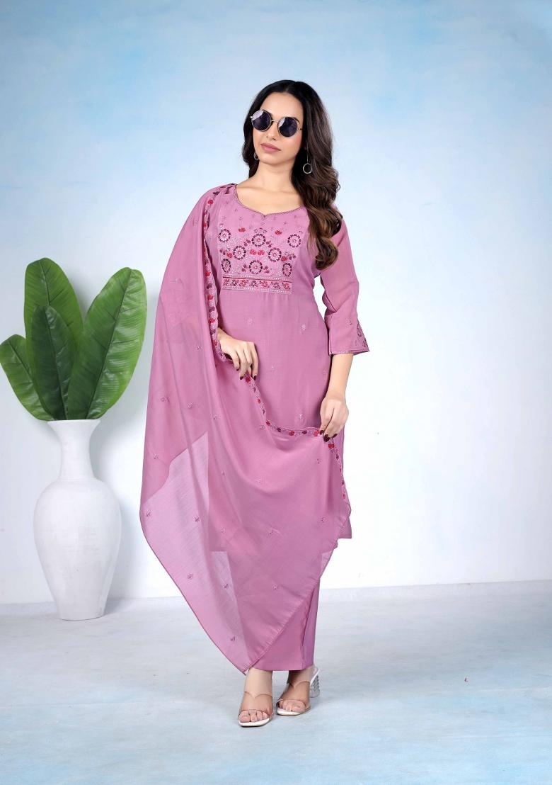 Lavender Embroidered Cotton Kurta Set - Indya