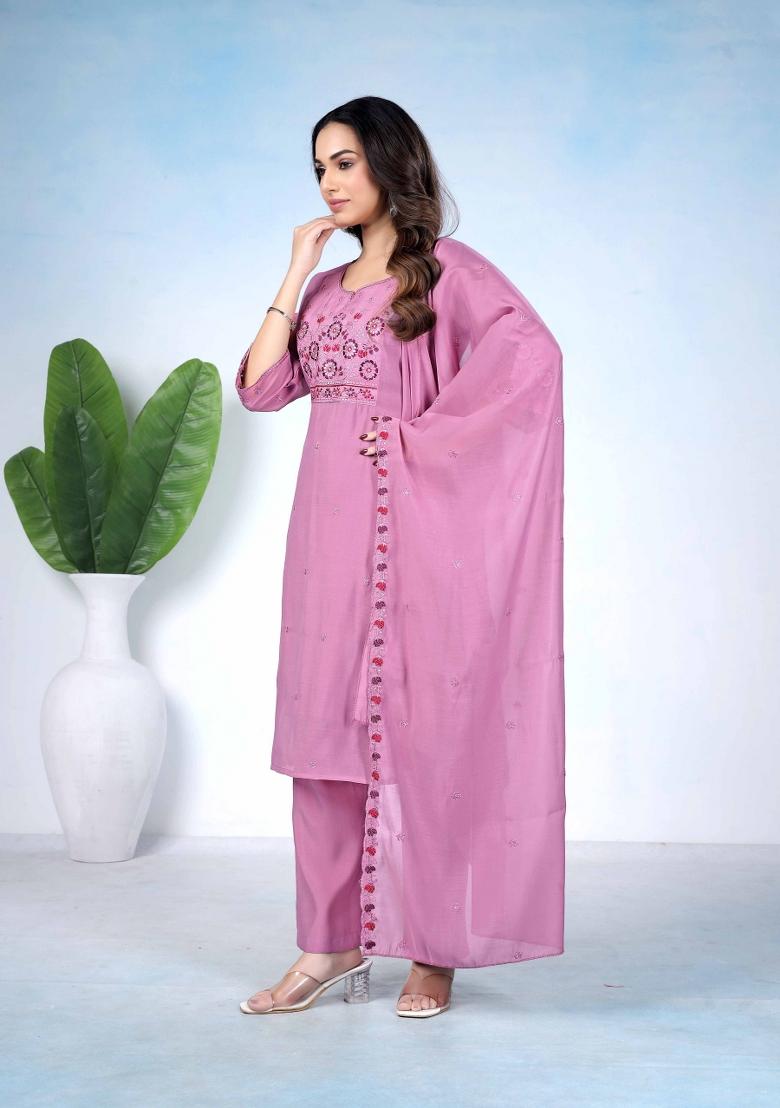 Lavender Embroidered Cotton Kurta Set - Indya