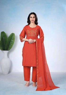 Rust Embroidered Cotton Kurta Set