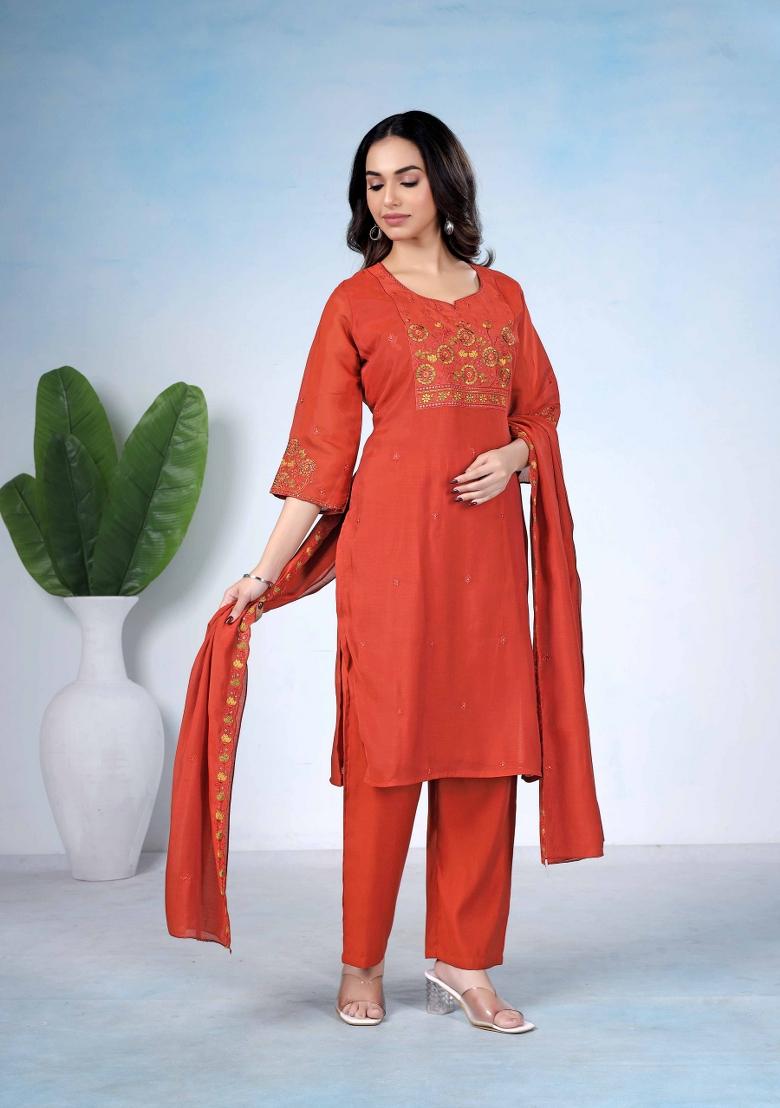 Rust Embroidered Cotton Kurta Set - Indya