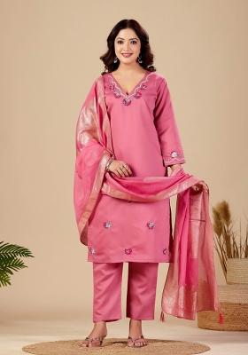 Pink Embroidered Cotton Kurta Set