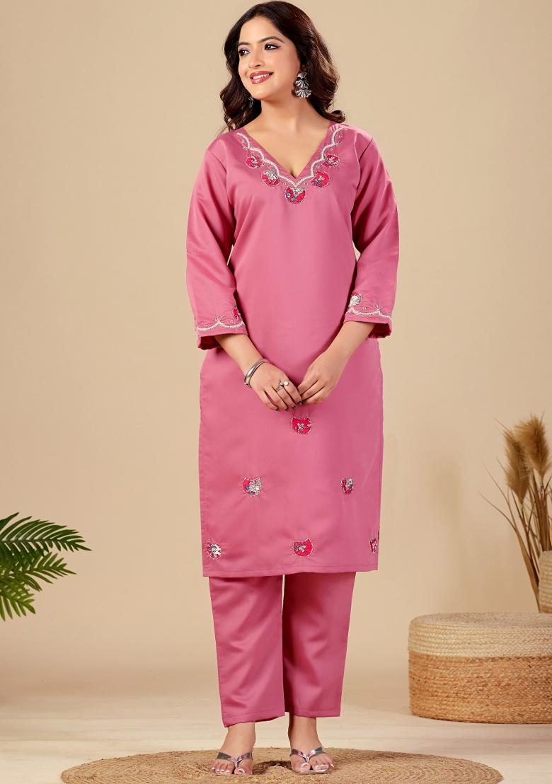 Pink Embroidered Cotton Kurta Set - Indya