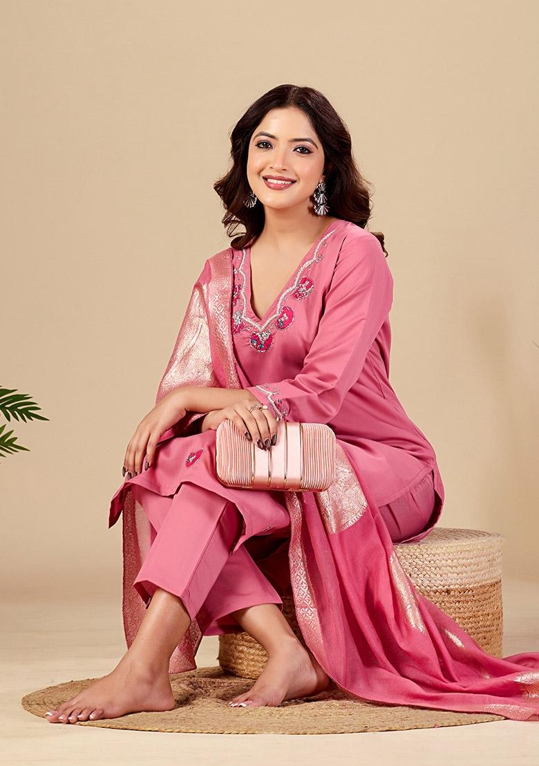 Pink Embroidered Cotton Kurta Set - Indya