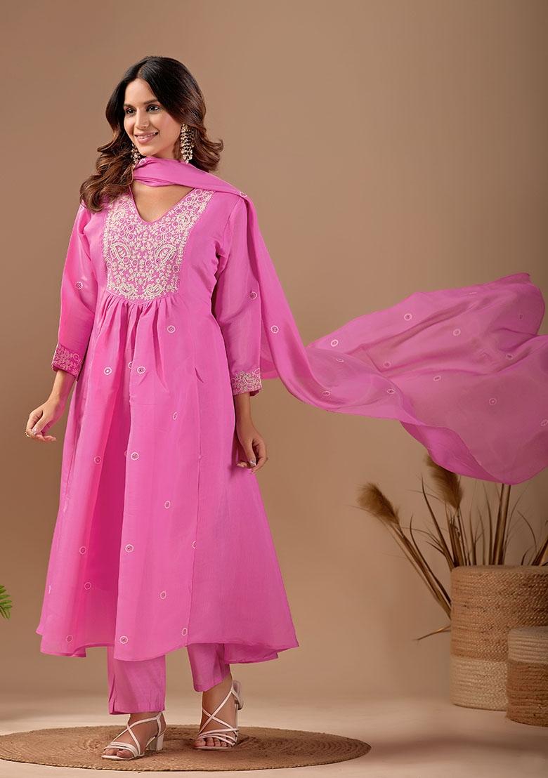 Pink Embroidered Chanderi Kurta Set - Indya